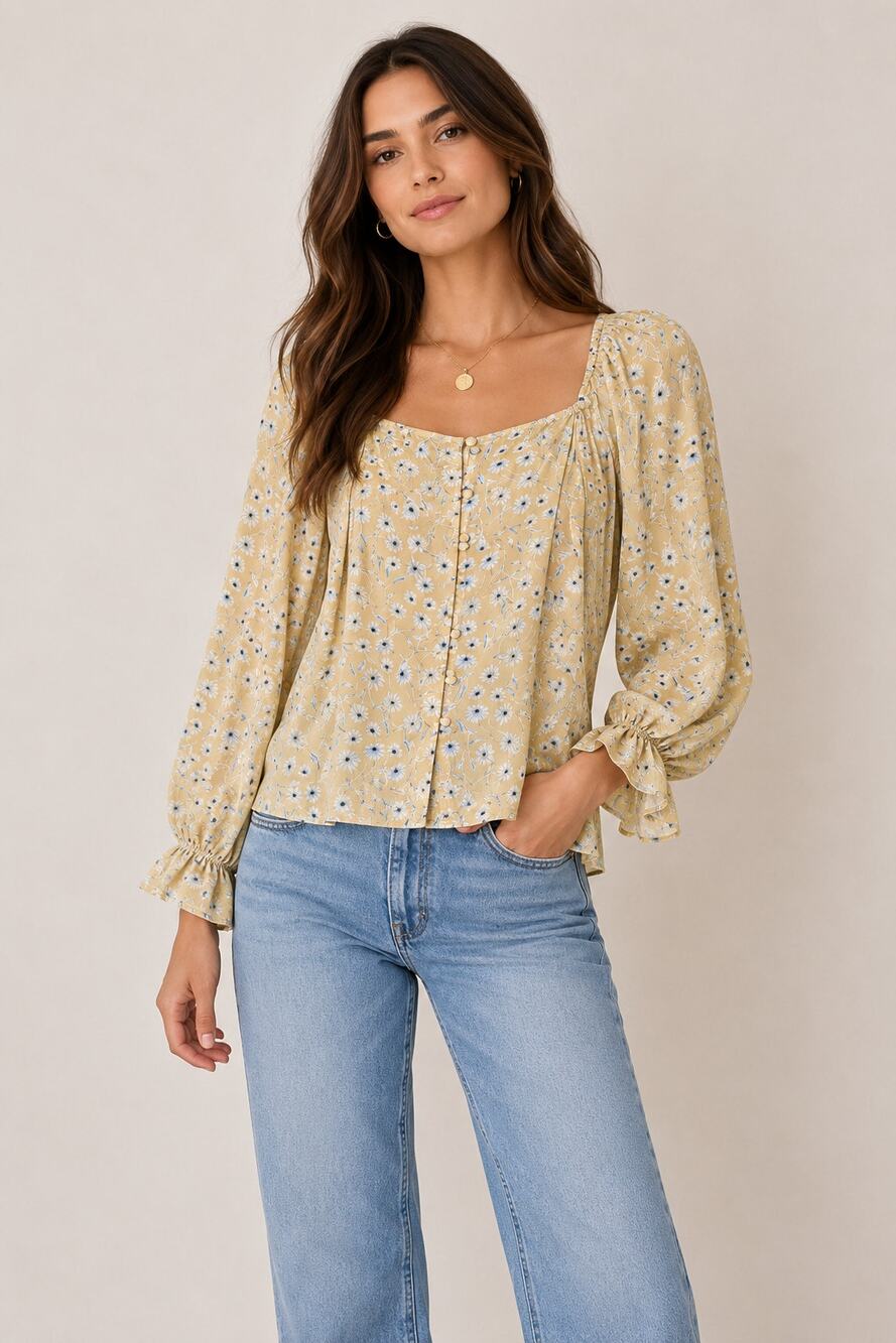 Ann Taylor Yellow Floral Peasant Blouse Womens S Long Sleeve Button Front Shirt